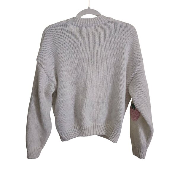 Luna Ivy Cream Pink Strawberry Crochet Fruit Novelty Cardigan Sweater Size M - Picture 3 of 8